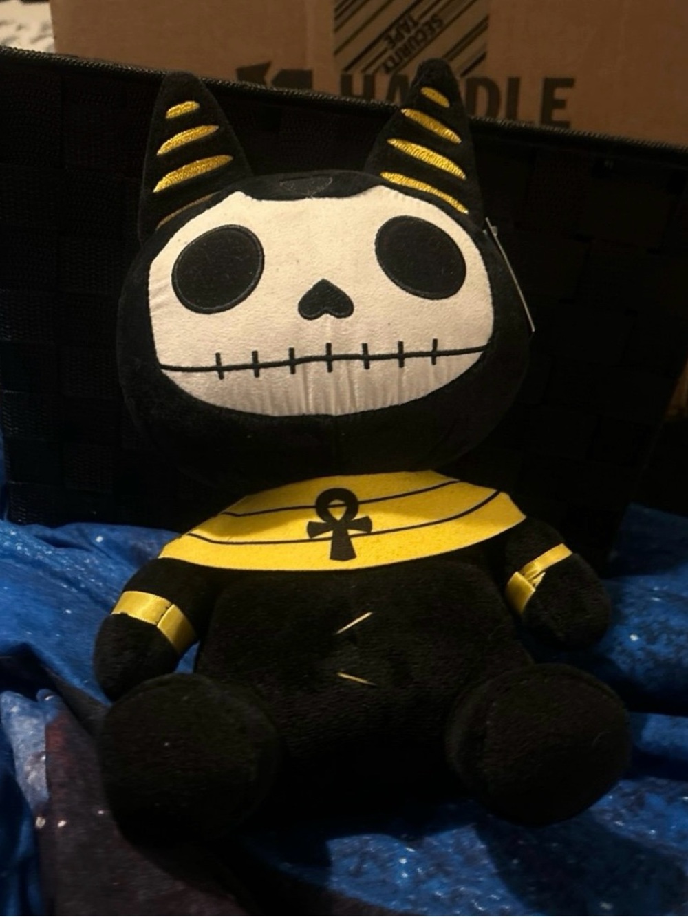 Plush Skull Cat Accent Doll - Black and Gold
